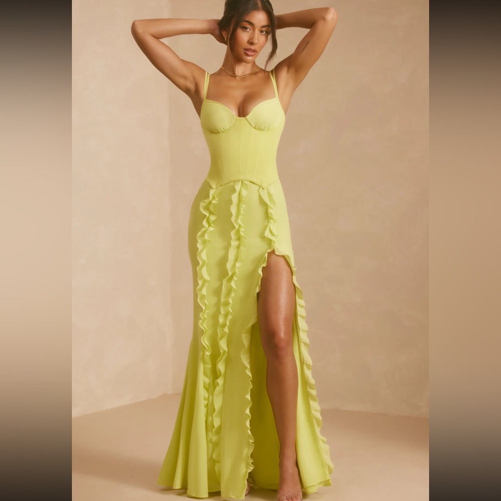 Oh Polly Corset Frill Skirt Maxi Dress in Lime Green